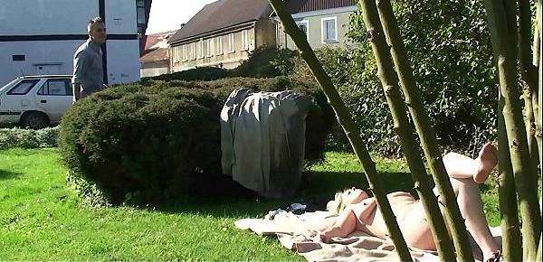  Her busty blonde old mom and husband fucking on the backyard